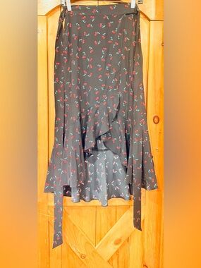 INTERMIX Black Cherry Print Asymmetrical Ruffle Skirt